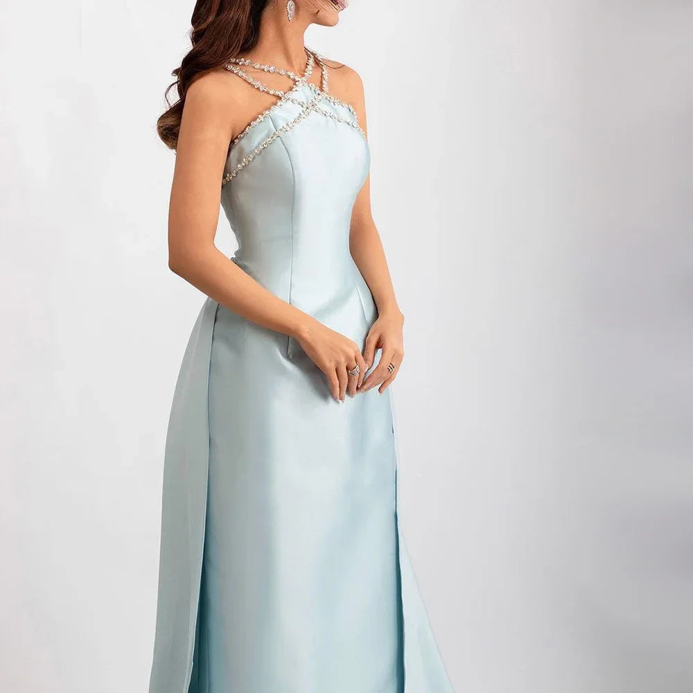 Elegant Light Blue Satin Arabic Evening Dress with Overskirt SF048