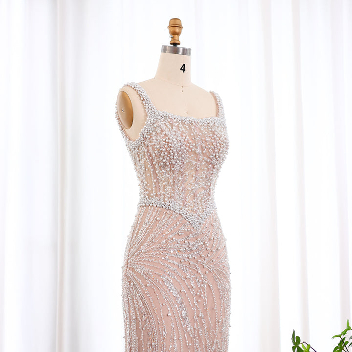 Elegant Mermaid White Nude Pearls Evening Dress SS134