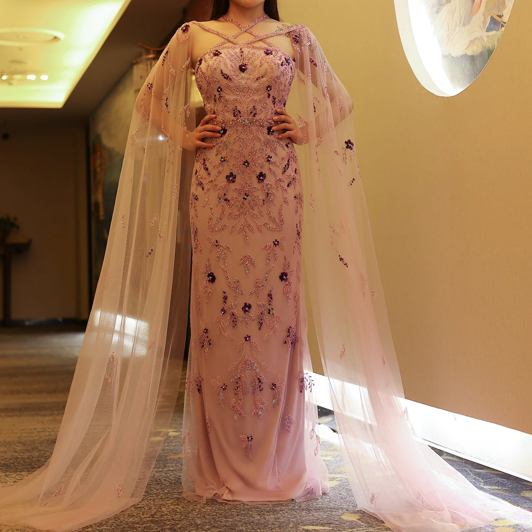 Luxury Dubai Lilac Arabic Evening Dresses with Cape Sleeves Gowns SS370