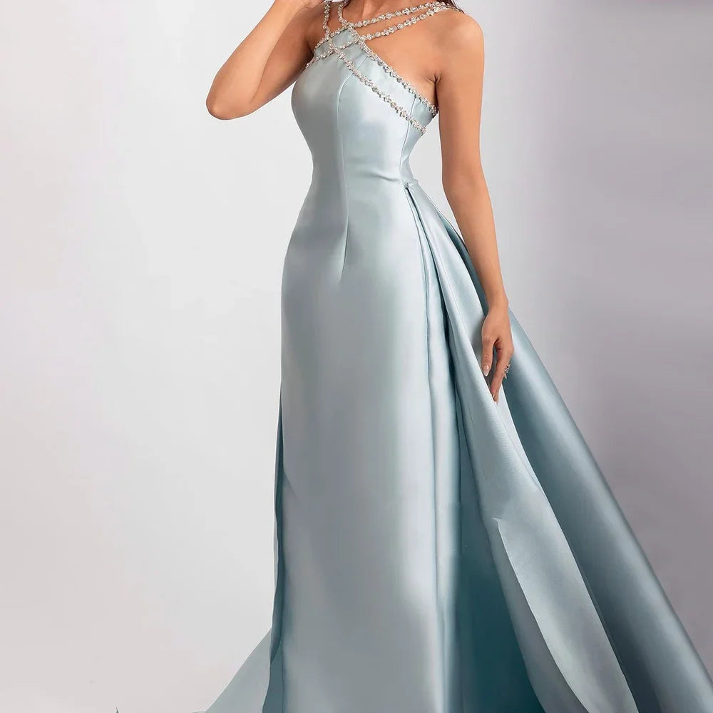 Elegant Light Blue Satin Arabic Evening Dress with Overskirt SF048