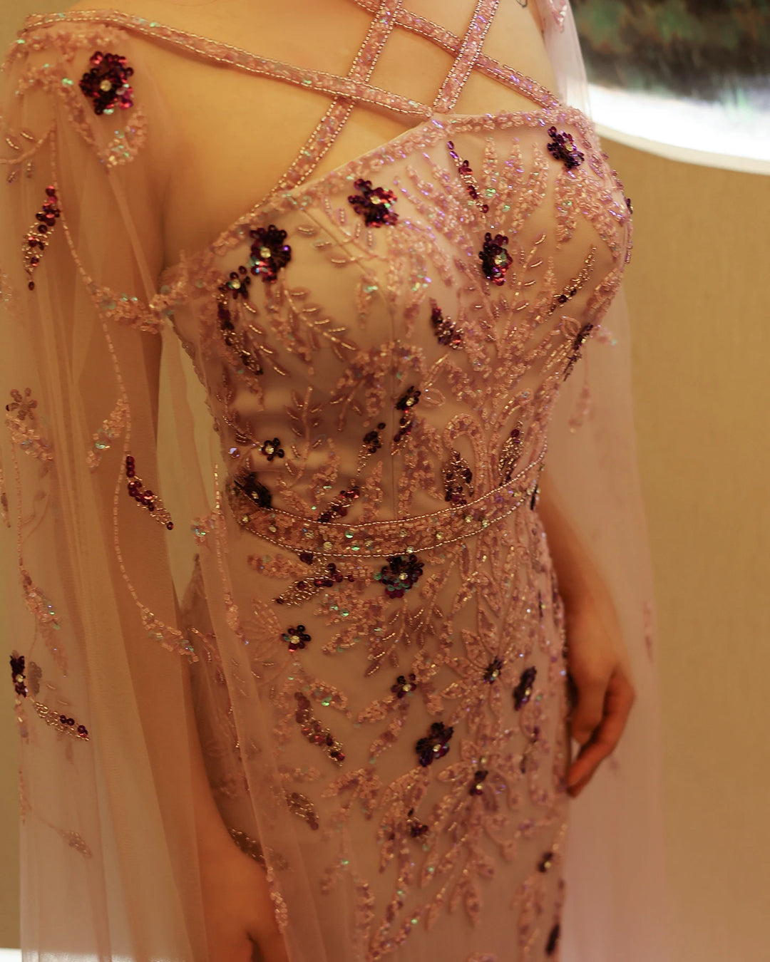 Luxury Dubai Lilac Arabic Evening Dresses with Cape Sleeves Gowns SS370