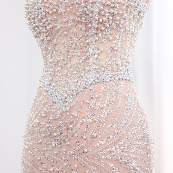 Elegant Mermaid White Nude Pearls Evening Dress SS134