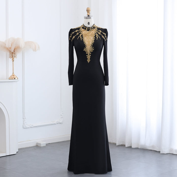 Elegant Black Long Sleeves Evening Dress with Gold Beaded SS217