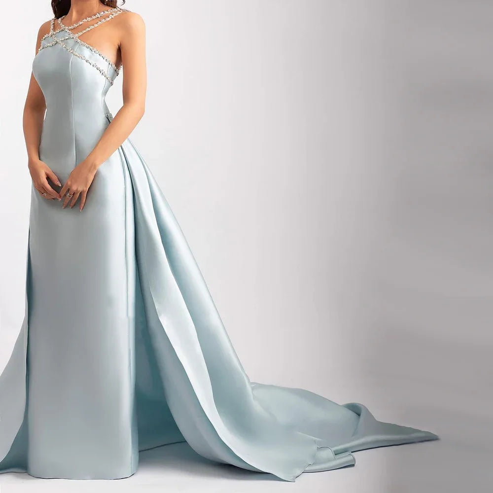 Elegant Light Blue Satin Arabic Evening Dress with Overskirt SF048