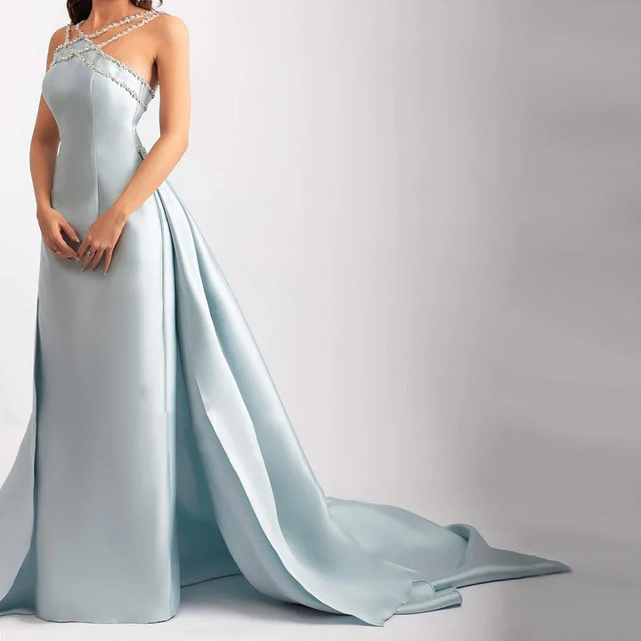 Elegant Light Blue Satin Arabic Evening Dress with Overskirt SF048