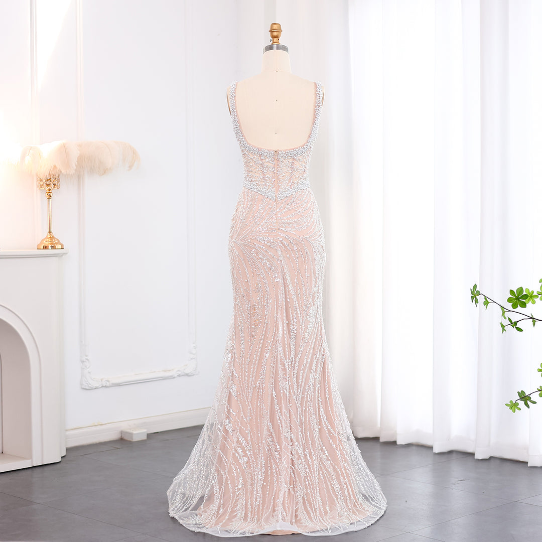 Elegant Mermaid White Nude Pearls Evening Dress SS134