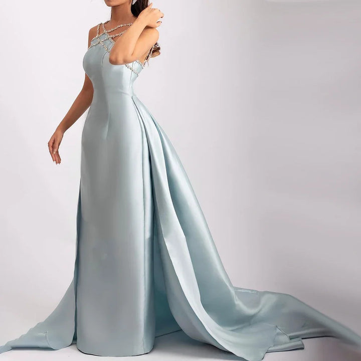 Elegant Light Blue Satin Arabic Evening Dress with Overskirt SF048