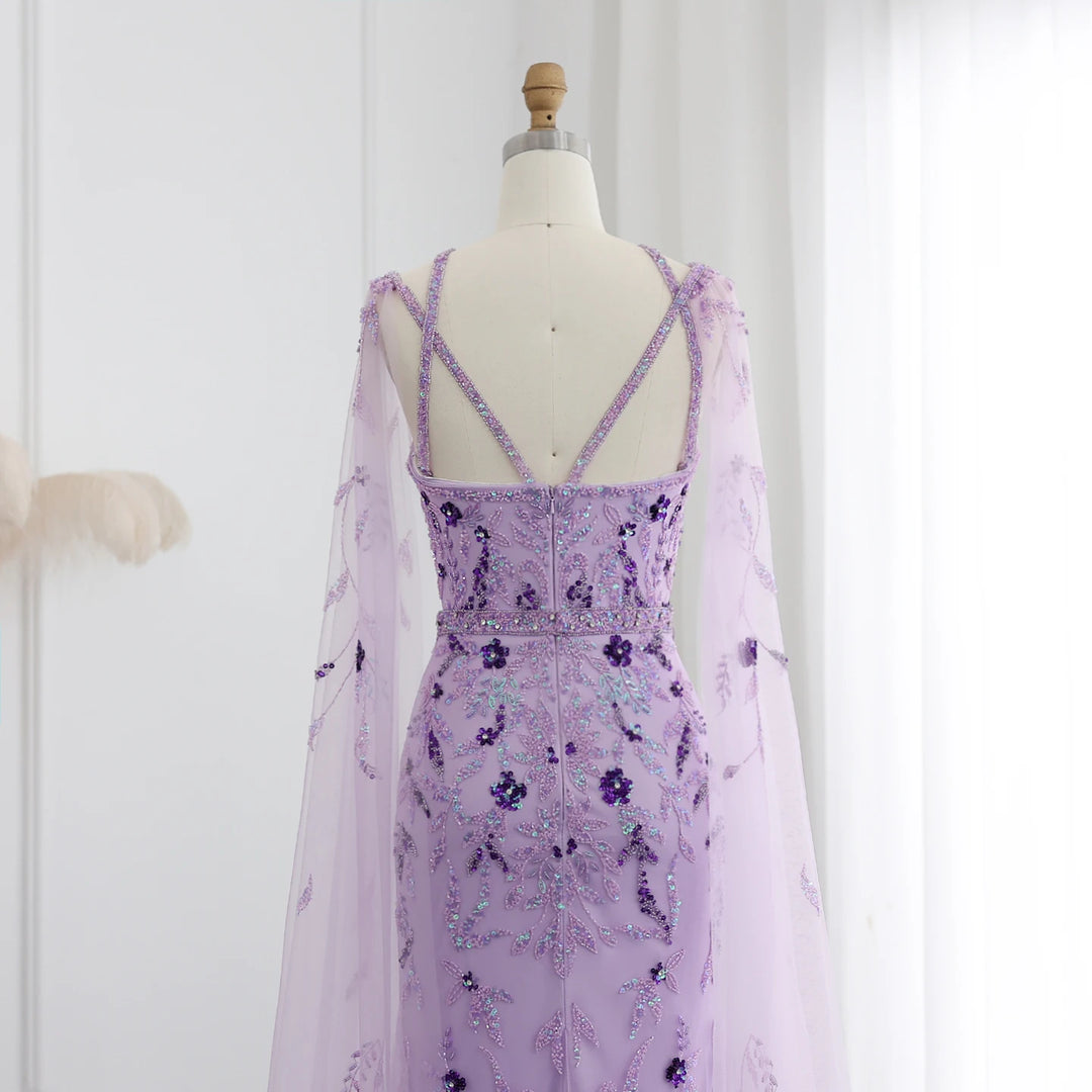 Luxury Dubai Lilac Arabic Evening Dresses with Cape Sleeves Gowns SS370