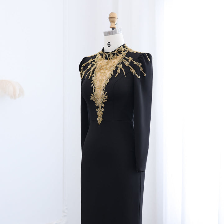 Elegant Black Long Sleeves Evening Dress with Gold Beaded SS217