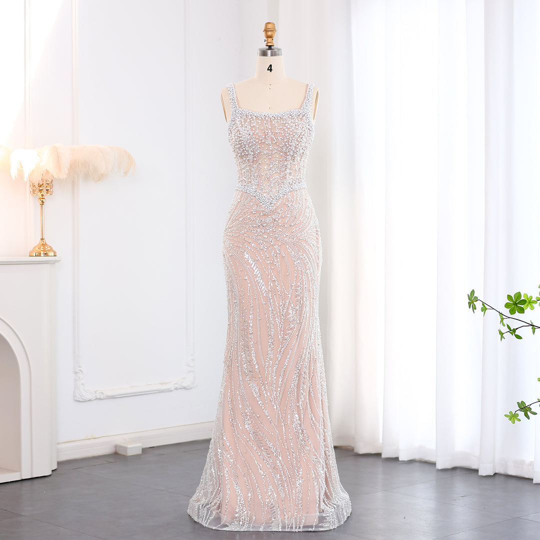 Elegant Mermaid White Nude Pearls Evening Dress SS134