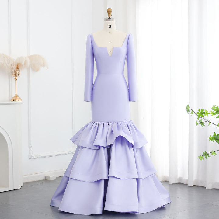 Elegant Blue Satin Long Sleeves Mermaid Evening Dress SF015