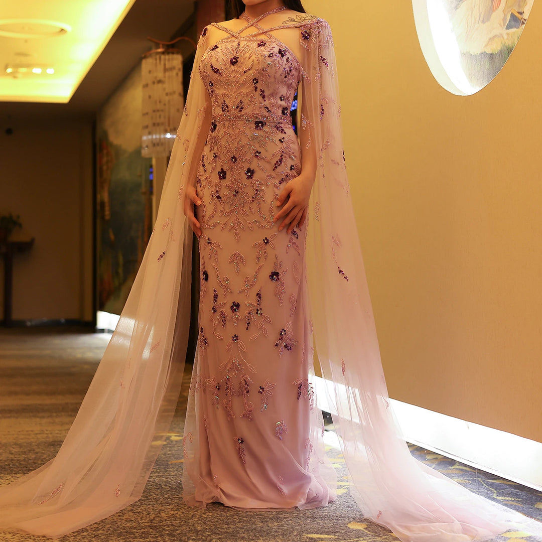 Luxury Dubai Lilac Arabic Evening Dresses with Cape Sleeves Gowns SS370