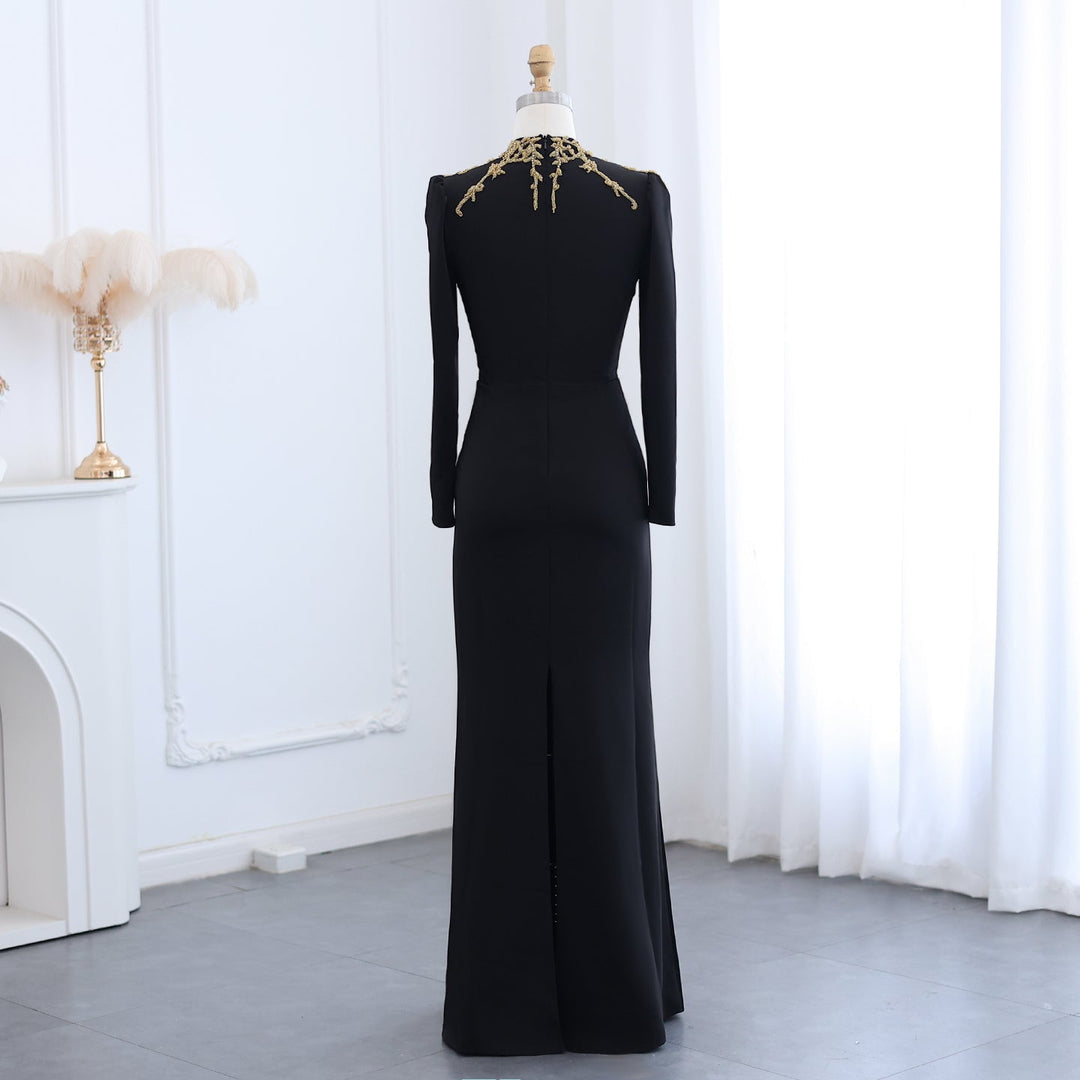 Elegant Black Long Sleeves Evening Dress with Gold Beaded SS217