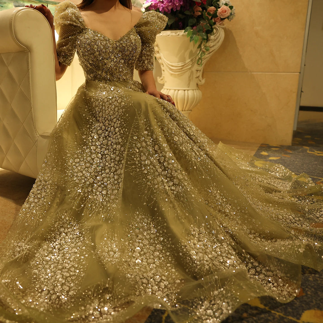 Glitter Lime Green Luxury Dubai Evening Dress Engagement Arabic Gowns SS155