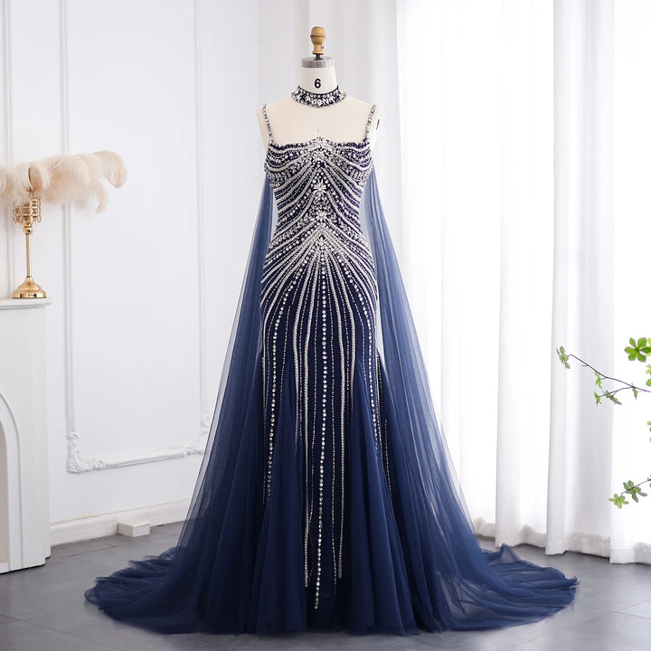 Luxury Dubai Navy Blue Mermaid Evening Dress with Chocker Cape Arabic SS325