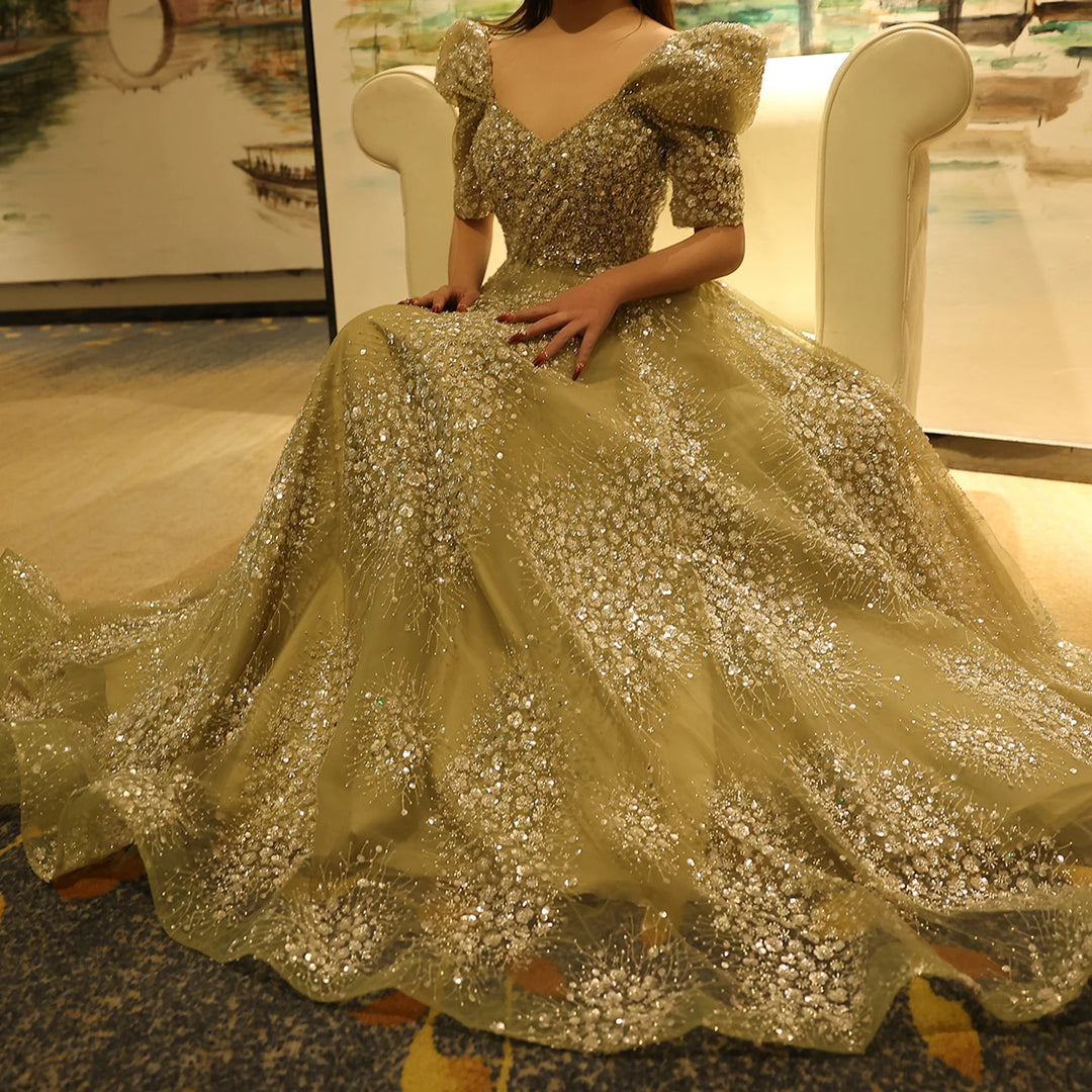 Glitter Lime Green Luxury Dubai Evening Dress Engagement Arabic Gowns SS155