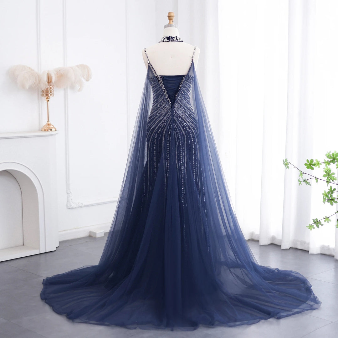 Luxury Dubai Navy Blue Mermaid Evening Dress with Chocker Cape Arabic SS325