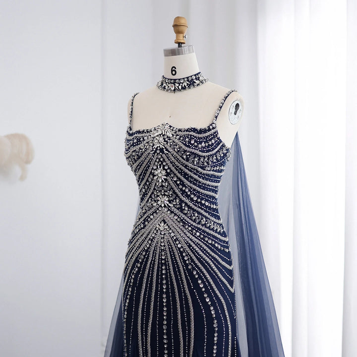 Luxury Dubai Navy Blue Mermaid Evening Dress with Chocker Cape Arabic SS325