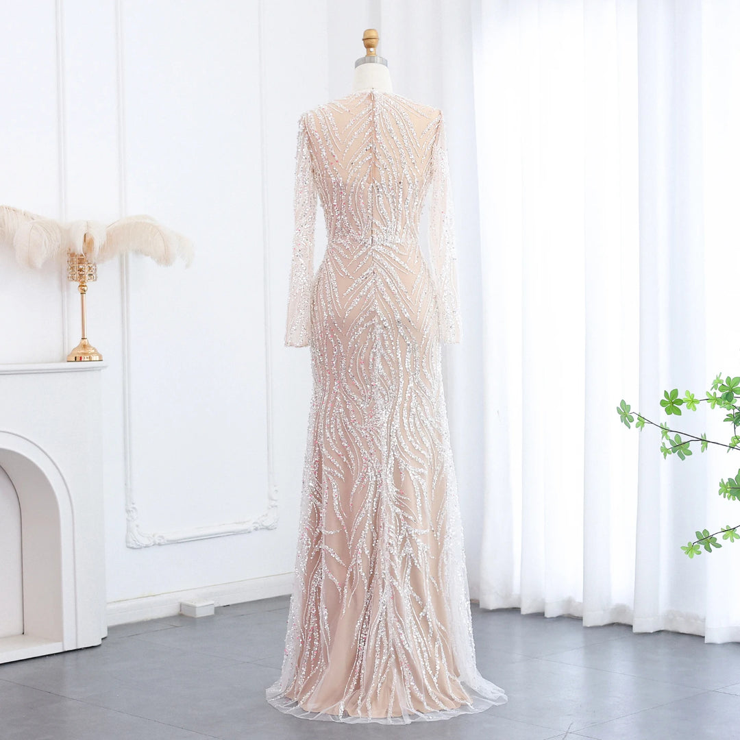 Luxury Dubai White Nude Mermaid Evening Dresses Long Sleeve SS111