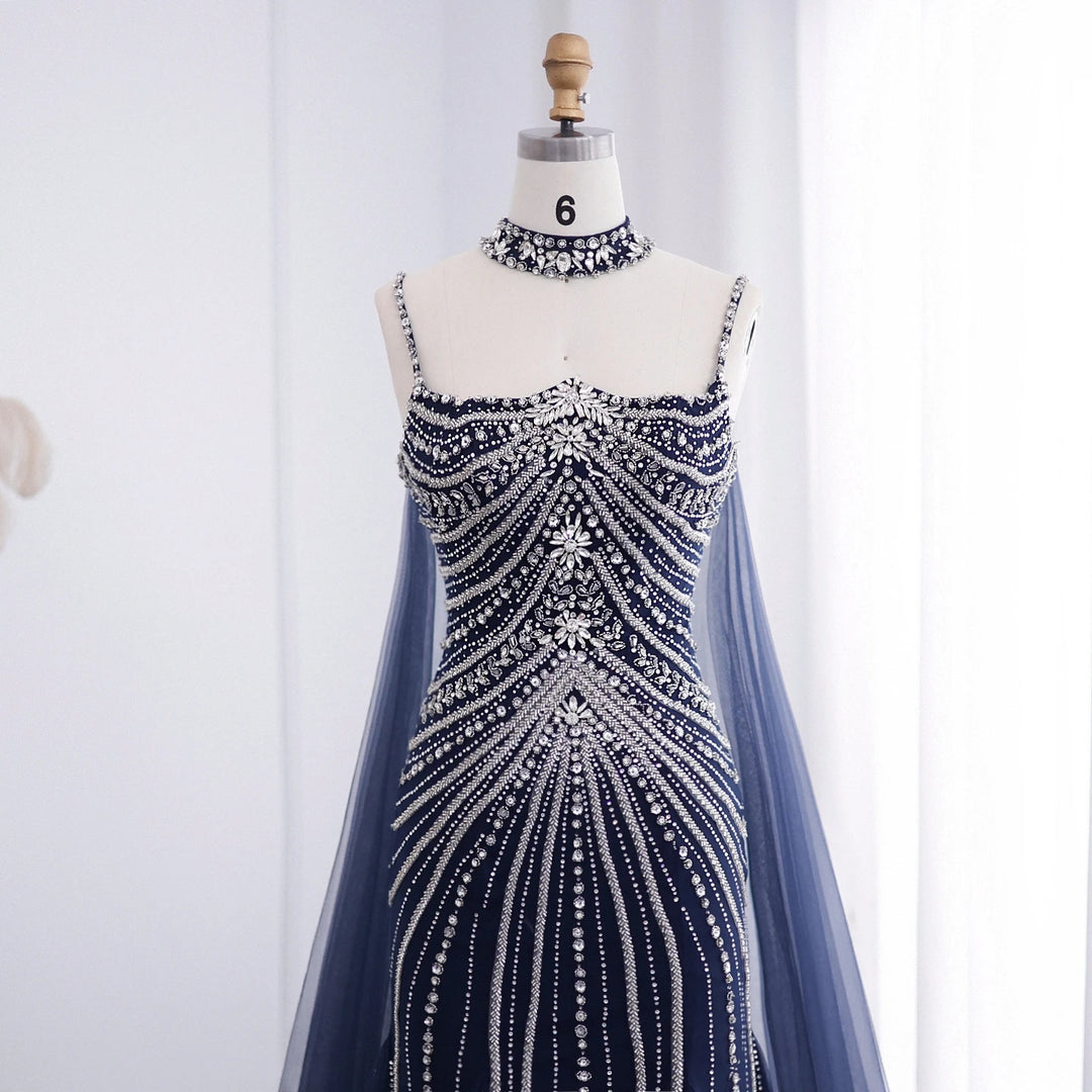 Luxury Dubai Navy Blue Mermaid Evening Dress with Chocker Cape Arabic SS325