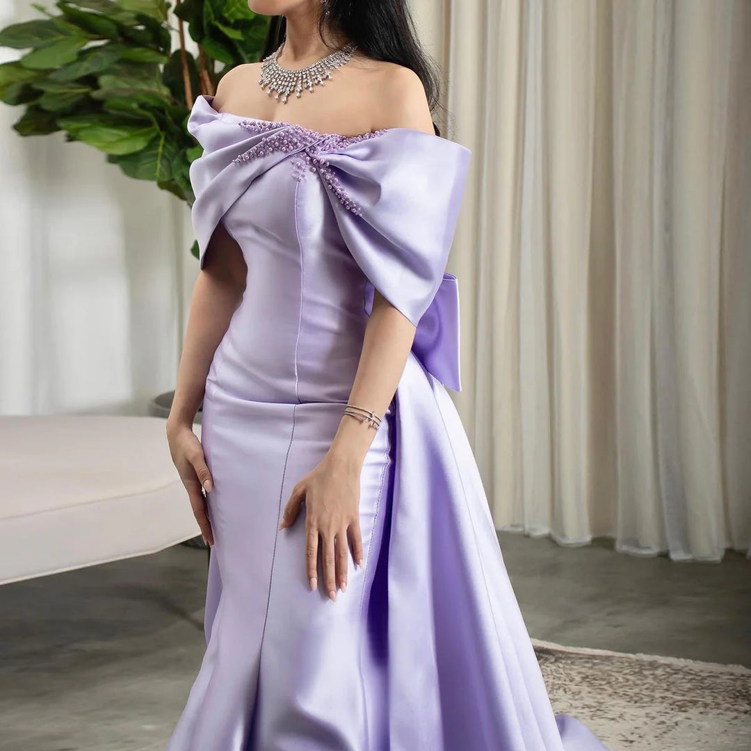 Elegant Off Shoulder Lilac Evening Dress with Overskirt SF084