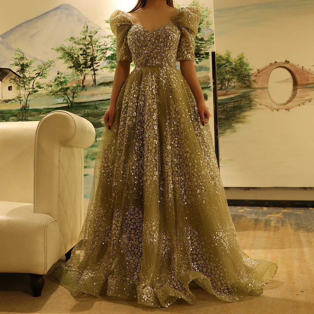 Glitter Lime Green Luxury Dubai Evening Dress Engagement Arabic Gowns SS155