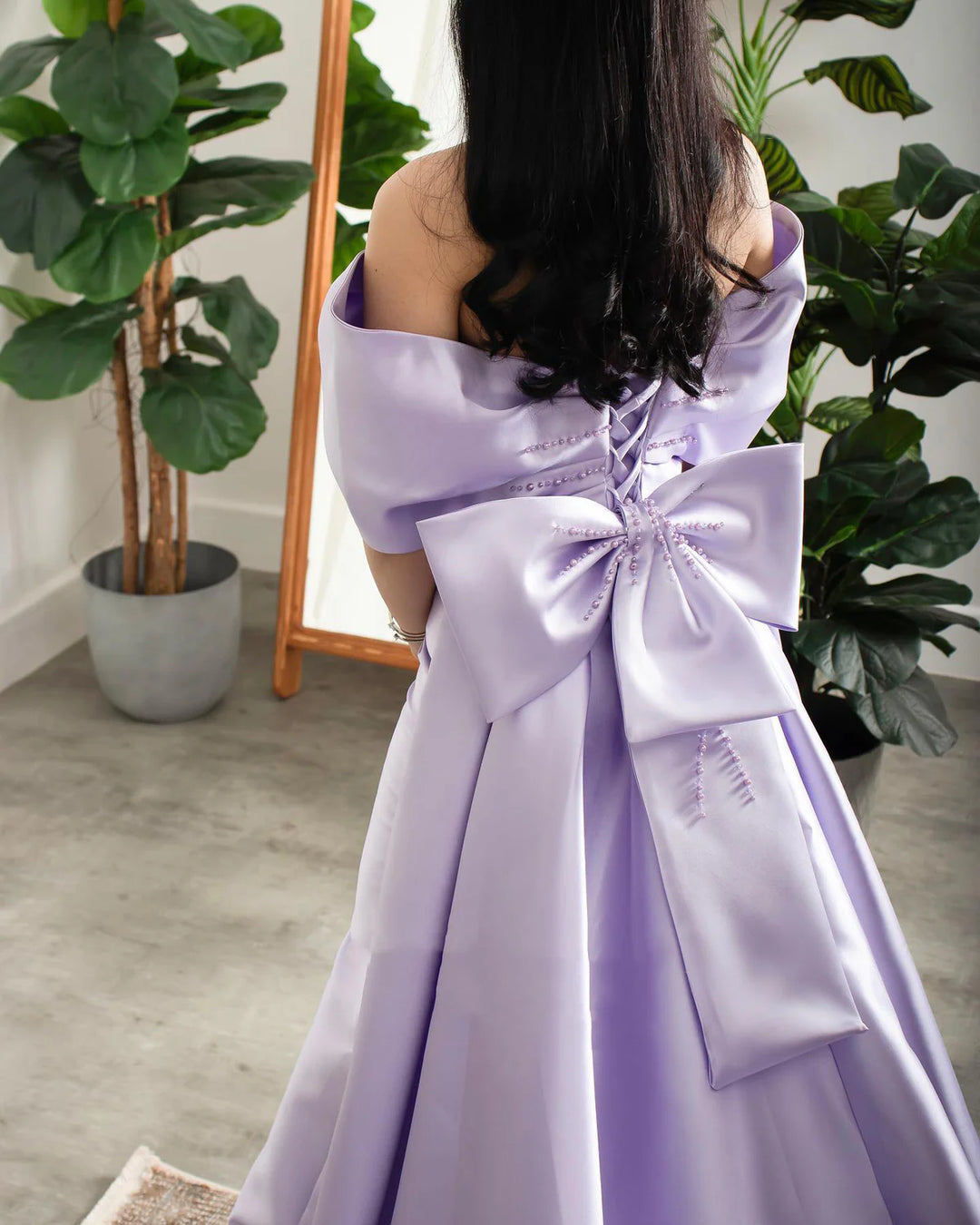 Elegant Off Shoulder Lilac Evening Dress with Overskirt SF084