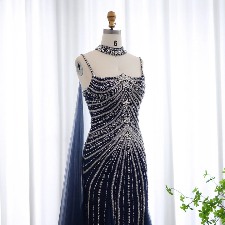 Luxury Dubai Navy Blue Mermaid Evening Dress with Chocker Cape Arabic SS325