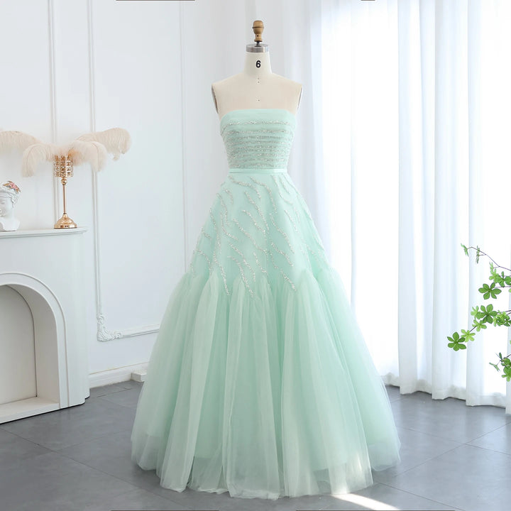 Luxury Strapless Sage Green Evening Dress for Wedding Party SS483