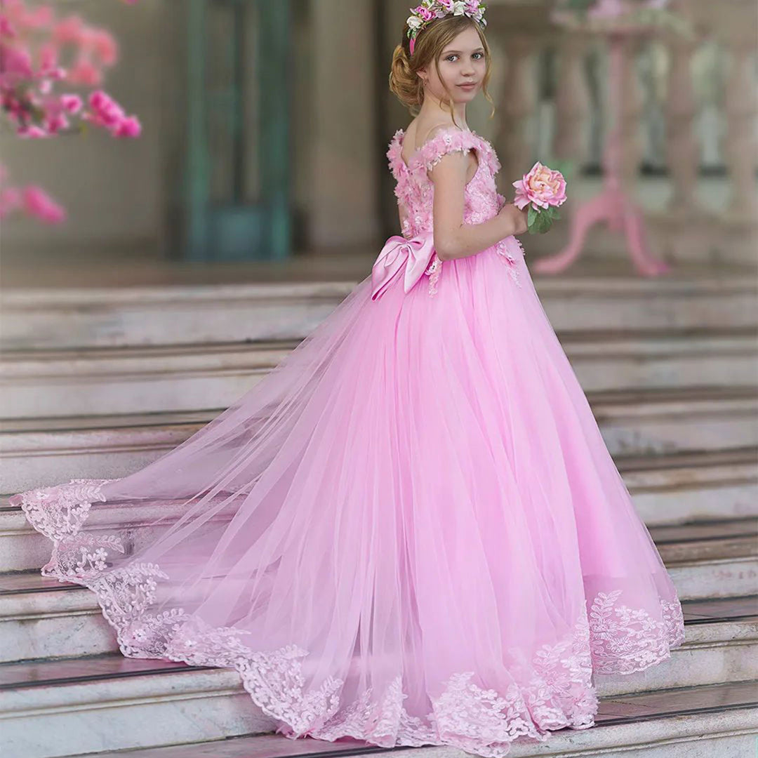 DreamyVow Luxury Pink Tulle Lace Girl Dress Sweep Train Ball Gown J178