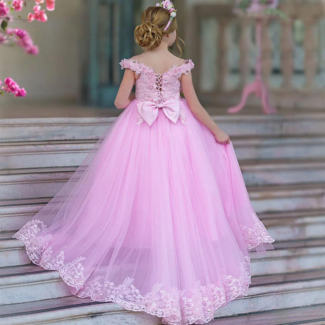 DreamyVow Luxury Pink Tulle Lace Girl Dress Sweep Train Ball Gown J178