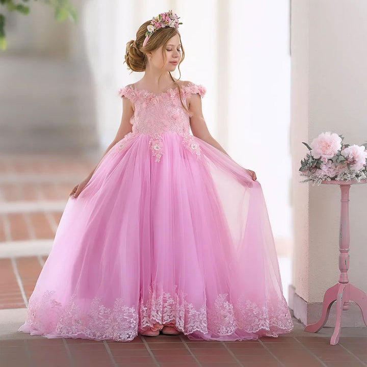 DreamyVow Luxury Pink Tulle Lace Girl Dress Sweep Train Ball Gown J178