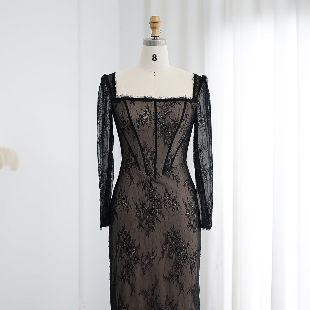 Dreamy Vow Elegant Black Lace Long Sleeves Sheath Evening Dress SF038