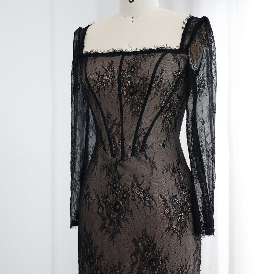 Dreamy Vow Elegant Black Lace Long Sleeves Sheath Evening Dress SF038