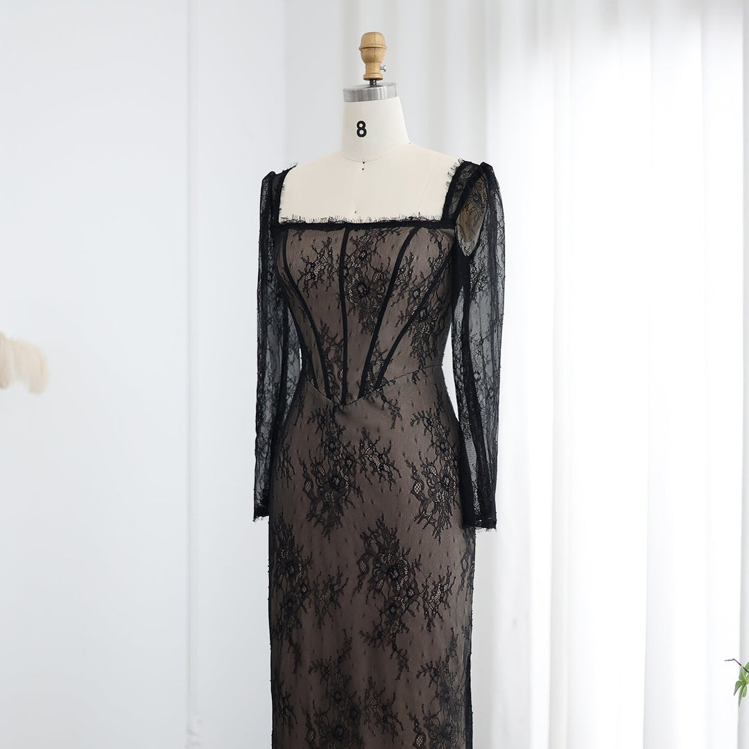 Dreamy Vow Elegant Black Lace Long Sleeves Sheath Evening Dress SF038