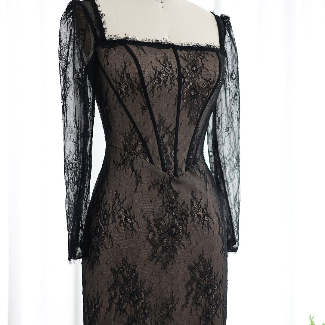 Elegant Black Lace Long Sleeves Sheath Evening Dress SF038