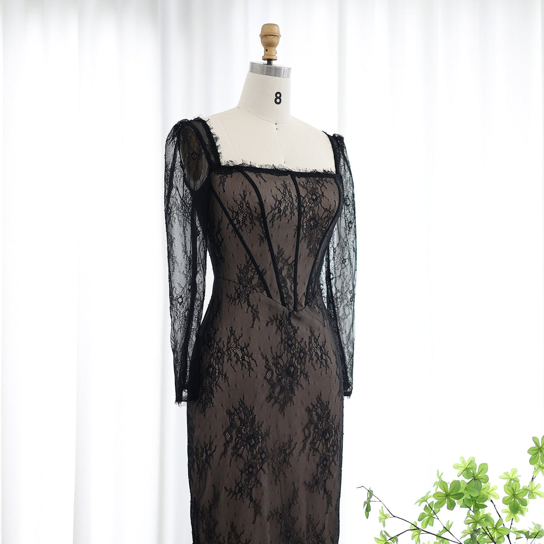 Dreamy Vow Elegant Black Lace Long Sleeves Sheath Evening Dress SF038