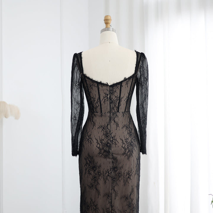 Dreamy Vow Elegant Black Lace Long Sleeves Sheath Evening Dress SF038