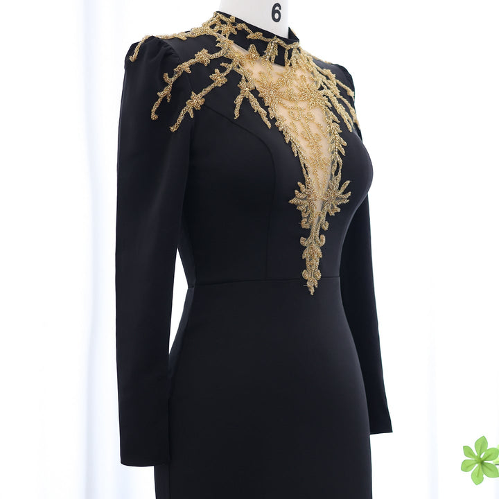 Dreamy Vow Elegant Black Long Sleeves Evening Dress with Gold Beaded SS217