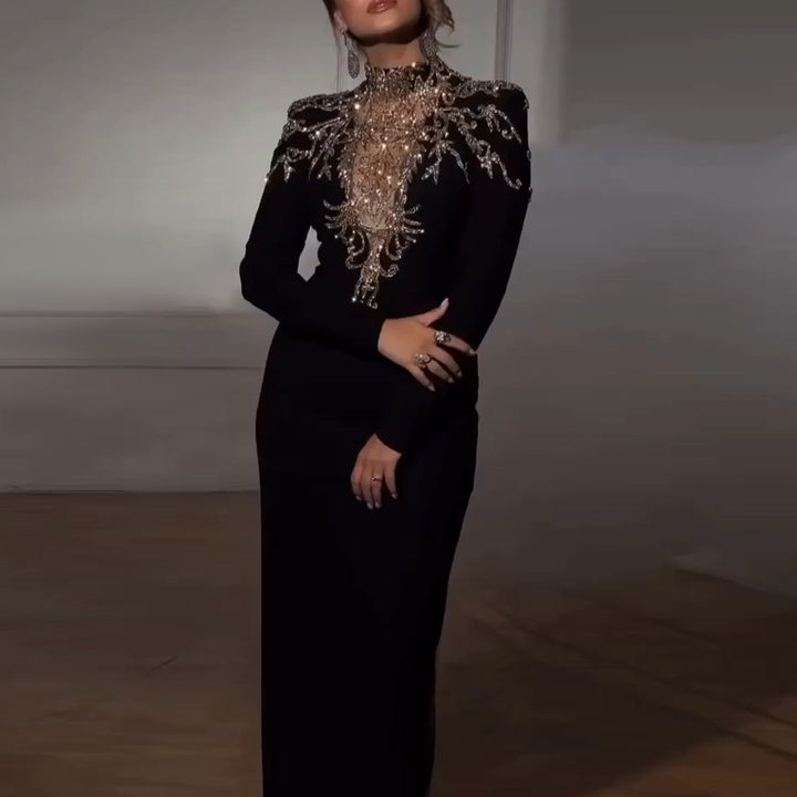 Dreamy Vow Elegant Black Long Sleeves Evening Dress with Gold Beaded SS217