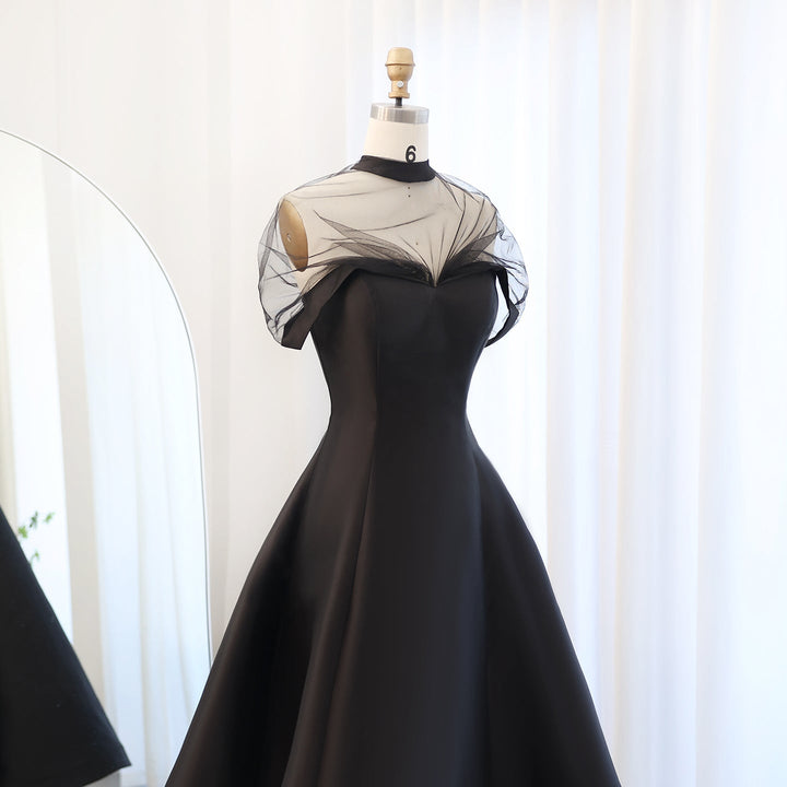 Dreamy Vow Elegant Black Strapless A-Line Evening Dress with Cape SF026