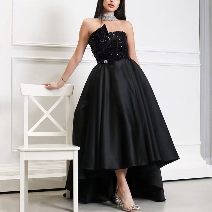 Dreamy Vow Elegant Black Strapless High-Low Evening Dress SF003