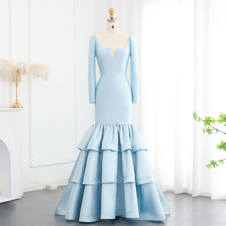 Dreamy Vow Elegant Blue Satin Long Sleeves Mermaid Evening Dress SF015