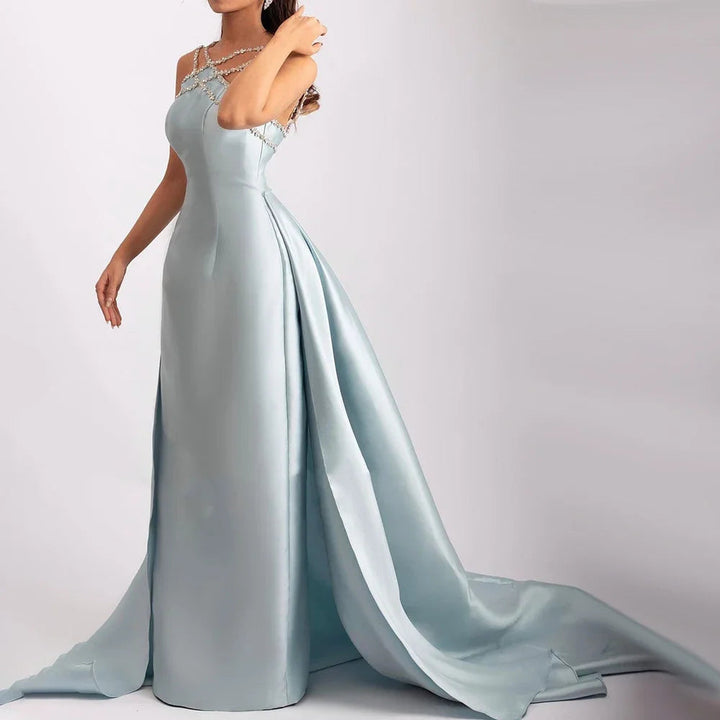 Dreamy Vow Elegant Light Blue Satin Arabic Evening Dress with Overskirt SF048