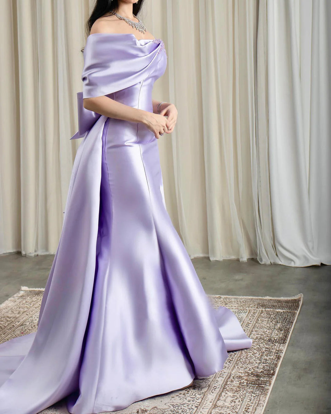 Elegant Off Shoulder Lilac Evening Dress with Overskirt SF084