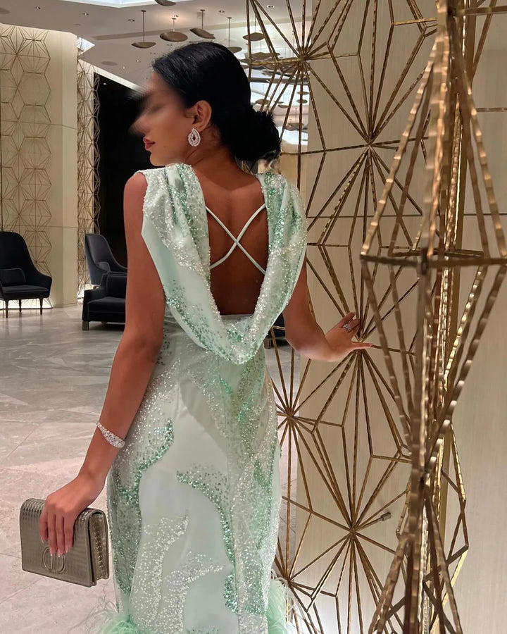 Dreamy Vow Luxury Feather Sage Green Arabic Evening Dresses Criss Cross Back Midi Formal Wedding Party Gowns SS436