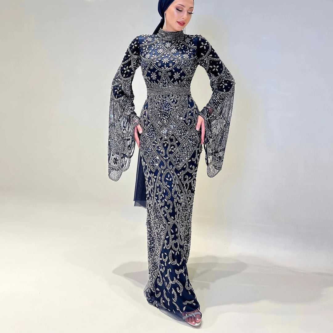 Black Luxury Muslim Evening Dress Long Sleeves High Neck Arabic Party Gowns SS153