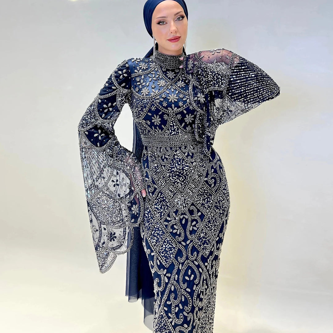 Black Luxury Muslim Evening Dress Long Sleeves High Neck Arabic Party Gowns SS153