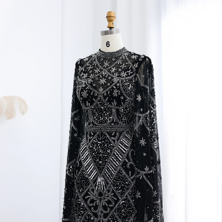 Black Luxury Muslim Evening Dress Long Sleeves High Neck Arabic Party Gowns SS153