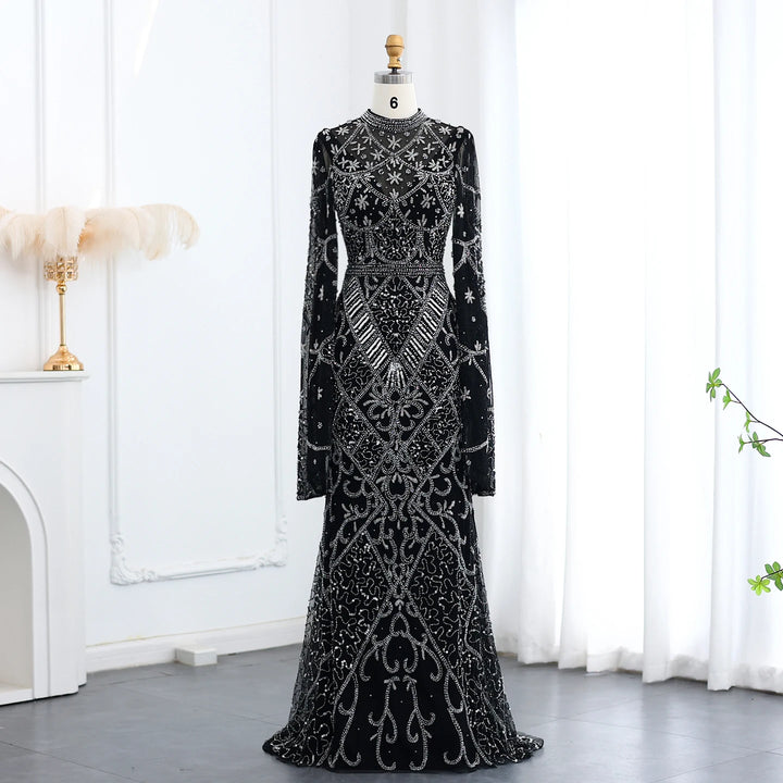 Black Luxury Muslim Evening Dress Long Sleeves High Neck Arabic Party Gowns SS153